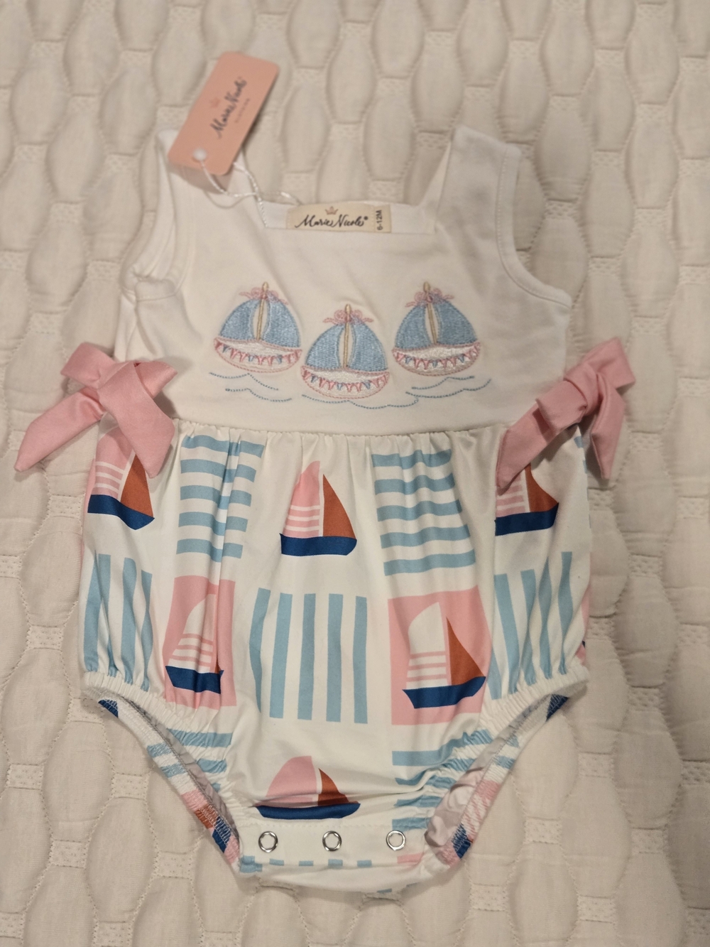 Marie Nicole New With Tags Baby Girl Romper Blue Pink Sailboats Size 6 To 12 Mth